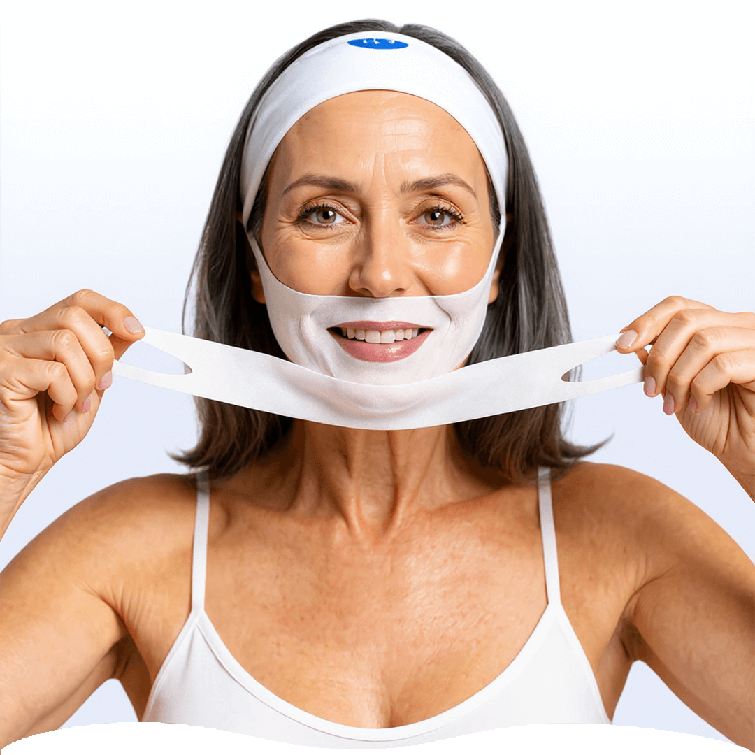Donna sorridente con maschera viso bianca e fascia per capelli.