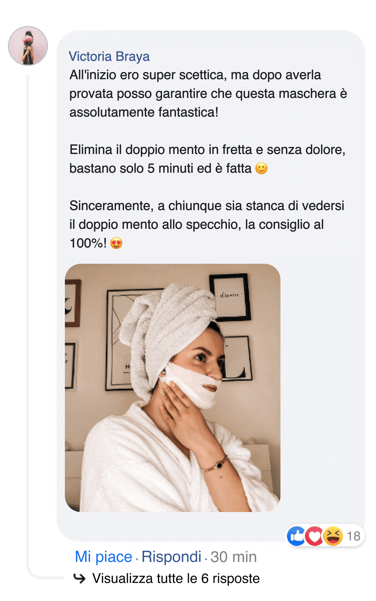 Commento su Facebook con foto di profilo prima e dopo del viso di una donna.