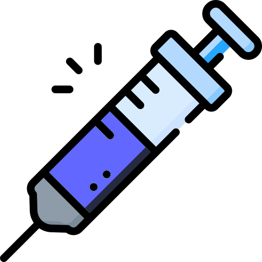Illustrazione di una siringa con liquido blu su sfondo azzurro.