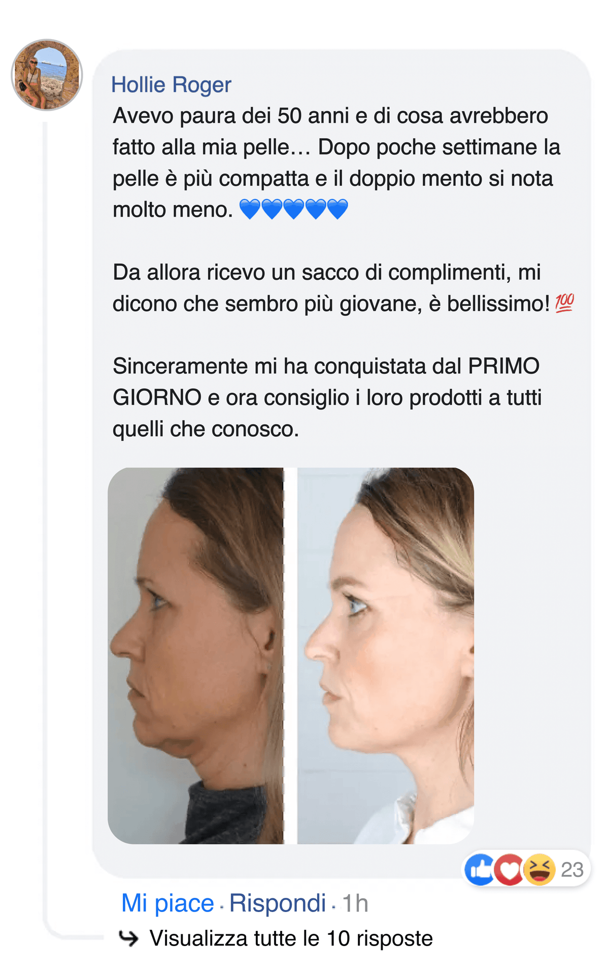 Commento su Facebook che consiglia il prodotto, con foto di profilo prima e dopo.