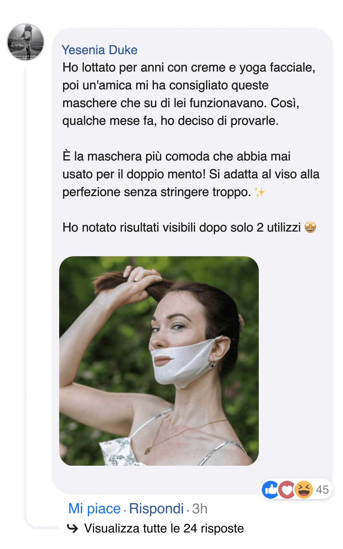 Donna all'aperto con una maschera viso per il doppio mento.
